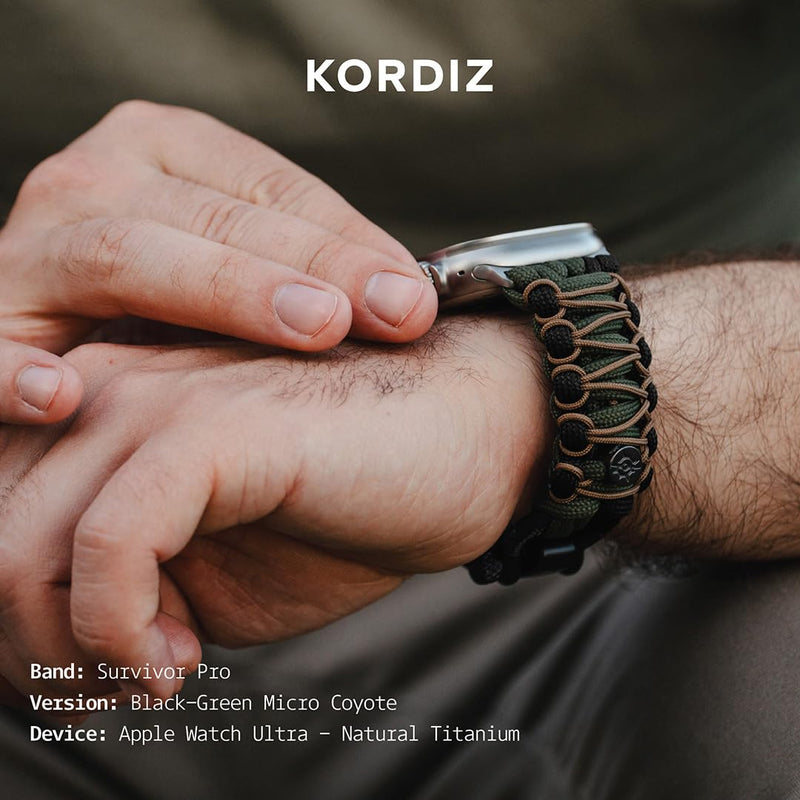 KORDIZ Survivor Pro - Nylon Paracord band for Apple Watch ULTRA 3, ULTRA 2/1 [49mm] & Series 11, 10, 9, 8, 7-1, SE3, SE2, SE [46mm 45mm 44mm 42mm] - with Stainless Steel Adjustable Shackle Black/Green & Micro Coyote Ultra Silver | Size M