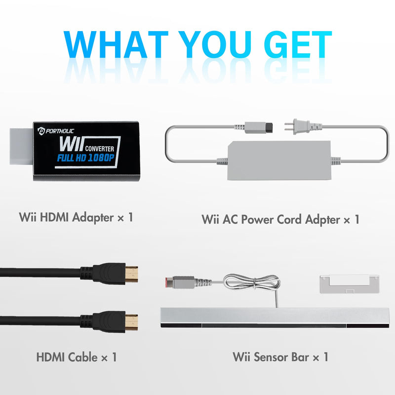 [AUSTRALIA] - PORTHOLIC 4 in 1 Wii Replacement Cables Set, Wii AC Power Adapter + Wii to hdmi Converter+ Wired Motion Sensor Bar and Composite Audio Video Cable for Nintendo Wii Black 