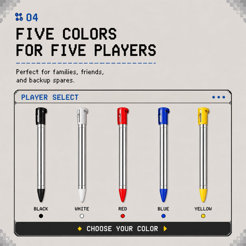 Retractable Stylus for Nintendo 3DS [5 Pack], Telescopic Metal Stylus Pen 2.75"-3.94" (7-10cm), Designed for the Original 3DS Console Slot — Black, White, Red, Yellow, Blue