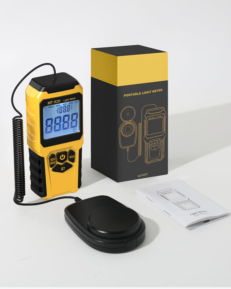 [AUSTRALIA] - MT-92H Light Meter with Split Sensor Lux/Foot Candles Meter 500ms Refresh Rates Range up to 200,000 Lux Switchable Backlight Temperature Measurer 14℉-140℉ 