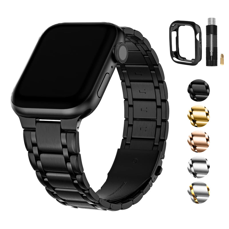 Fullmosa No-Tool Needed Compatible Apple Watch Band with Case 41mm 40mm 38mm Black & Stainless Steel iWatch Band with Case 38mm 40mm 41mm Black