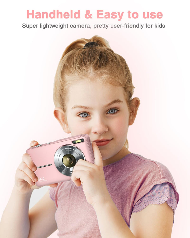 Lecran Digital Camera, FHD 1080P Kids Camera with 32GB Card, 2 Batteries, Lanyard, 16X Zoom Anti Shake, 44MP Compact Portable Small Point Shoot Camera Gift for Kid Student Children Teen Girl Boy(Pink) Pink