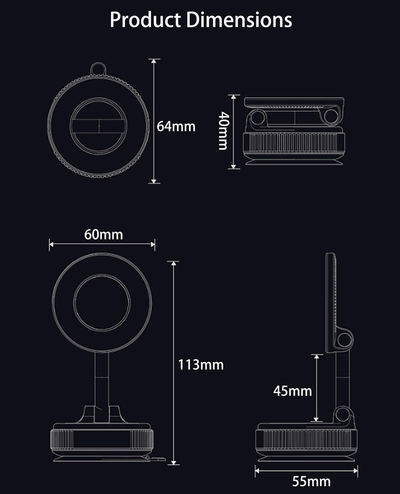 Vacuum Suction for MagSafe Car Mount, Magnetic Phone Holder | Powerful vacuum suction and strong magnetic hold, foldable design, fits iPhone & Android, perfect for car, gym and home Black