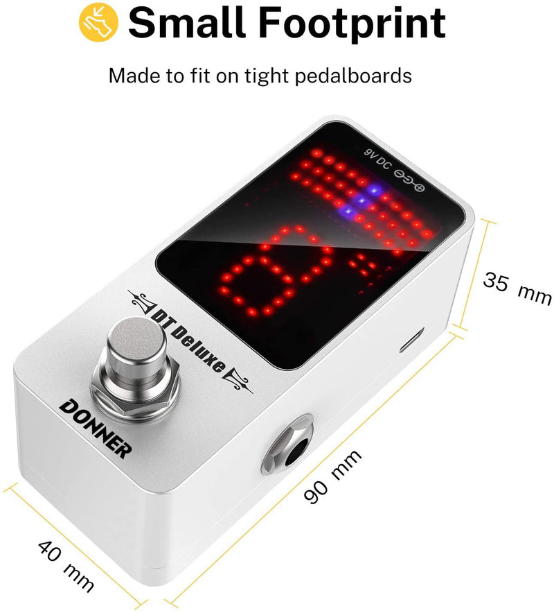 Donner Tuner Pedal, DT Deluxe Chromatic Guitar Tuner Pedal for Electric Guitar and Bass ± 1 Cent USB or 9V Power Supply True Bypass White Tuner