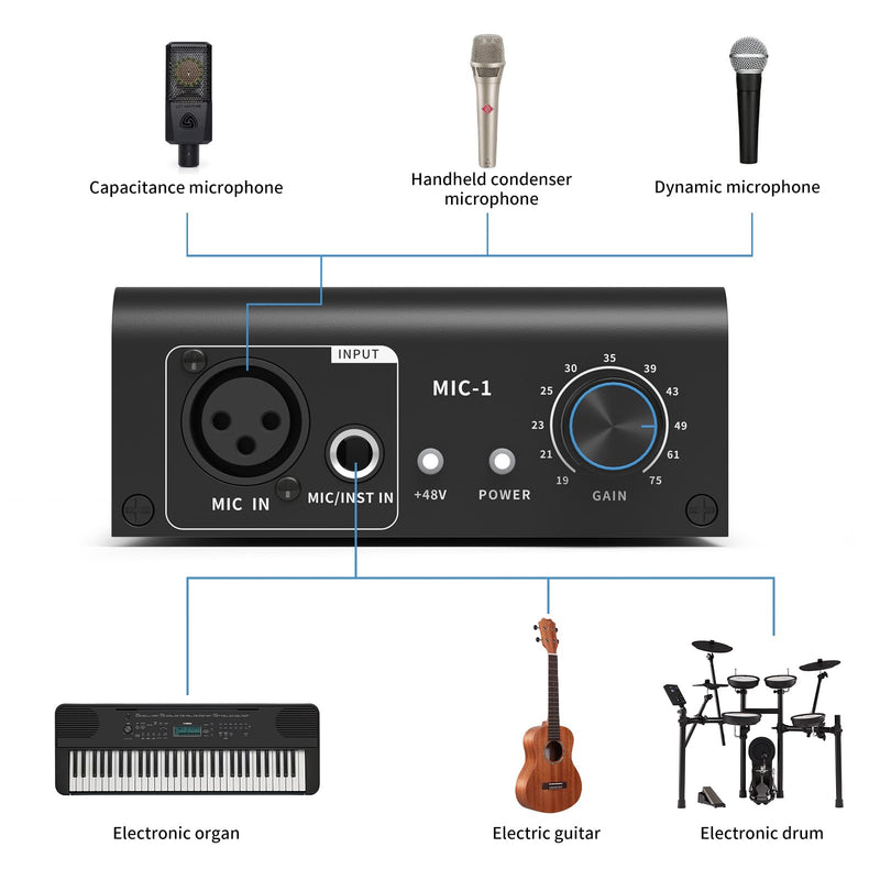 XTUGA XIC1 Microphone Preamp for Dynamic and Condenser Microphones Booster with 2 Input Max 75db Gain 48V Phantom Power XLR Output
