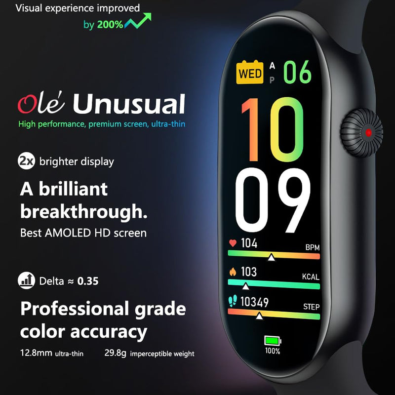 FITVII Slim Fitness Tracker AMOLED with Blood Oxygen, Blood Pressure, 24/7 Heart Rate and Sleep Tracking, IP68 Waterproof Activity Trackers and Smart Watches with Step Tracker, Pedometer for Women Men