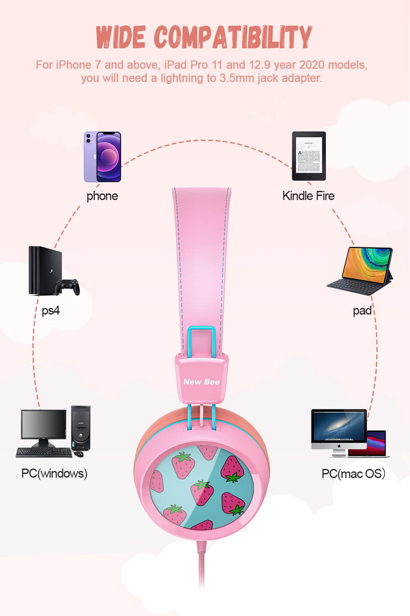 Kids Headphones for School with Microphone New bee KH20 HD Stereo Safe Volume Limited 85dB/94dB Foldable Lightweight On-Ear Headphone for PC/Mac/Android/Kindle/Tablet/Pad (Pink) Pink