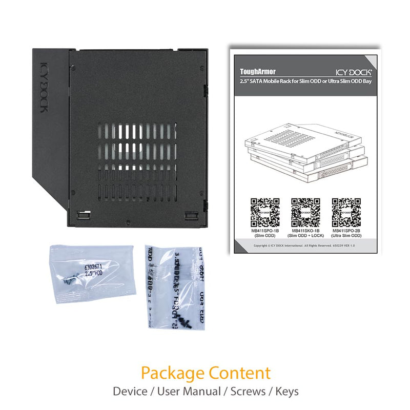 ICY DOCK 2.5" SSD / HDD Hot-Swap SATA Mobile Rack for 12.7mm Slim CD/DVD-ROM Optical Bay | ToughArmor MB411SPO-1B (Fits 12.7mm Height ODD Slot)