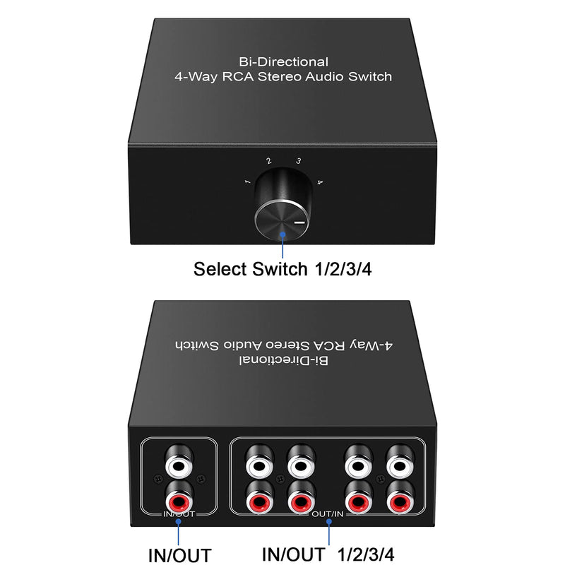 [AUSTRALIA] - 4-Way Stereo L/R Sound Channel Bi-Directional Audio Switcher, 1 in 4 Out or 4 in 1 Out, L/R Sound Channel Audio Switch Splitter RCA Stereo Switch Selector for DVD Stereo Speaker CD Player Bi-Directional RCA Switch 4 Port 