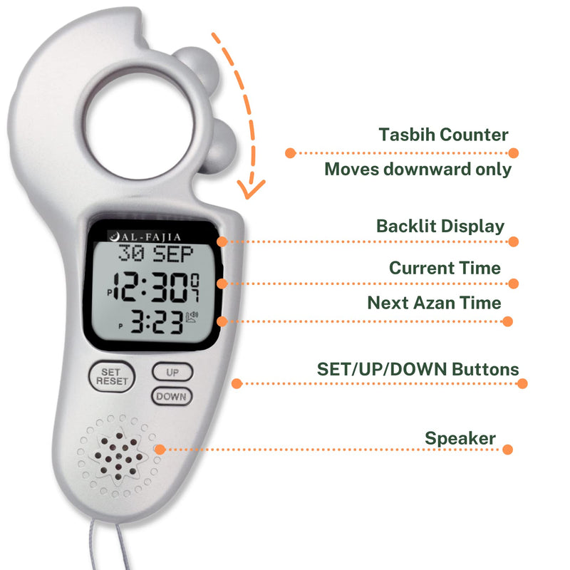 Islamic Prayer Time and Athan Sound Reminder Digital Tasbih Counter, Full Azan Clock for USA and Worldwide, Portable Silver