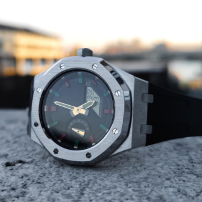 BMT GA2100 Case Band Mod Kit, Stainless Steel Case Bezel Crown Silicone Strap Replacement Accessories Compatible with Men's Watches G-Shock GA-2100/GA-2110/GA-B2100 Silver Black
