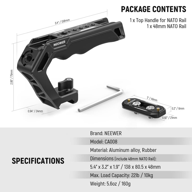 NEEWER Top Handle and NATO Rail Kit, Comfort Silicone Grip with Quick Release NATO Clamp, 3 Cold Shoes and 1/4" 3/8" ARRI Threads, Compatible with SmallRig Camera Cage Video Rig, CA008