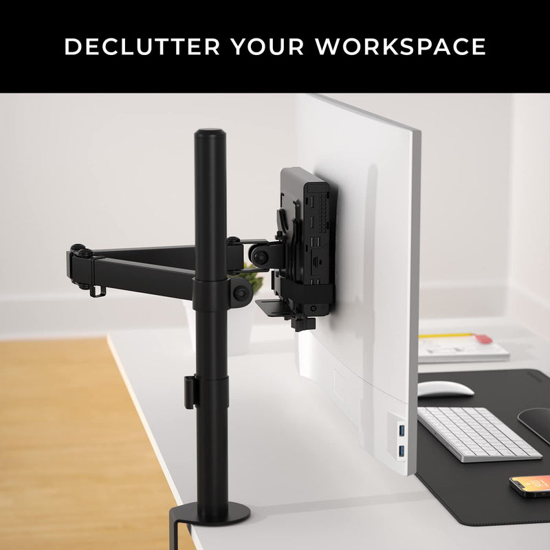 HumanCentric Thin Client Mount Bracket Mini PC VESA Monitor Arm, Under Desk | Fits Devices 0.65–2.55" Depth, Mounts to Pole or Surface, Compatible with 75x75 & 100x100mm VESA Patterns