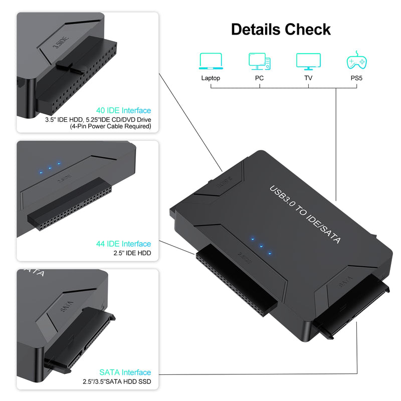 FEMORO Hard Drive Reader IDE SATA to USB 3.0 Adapter, USB + Type C External Hard Drive Data Ultra Recovery Converter Kit with Power for 2.5 3.5 hdd ssd disk 5.25 Inch DVD/CD-ROM Optical Drive SATA IDE to USB+USB C
