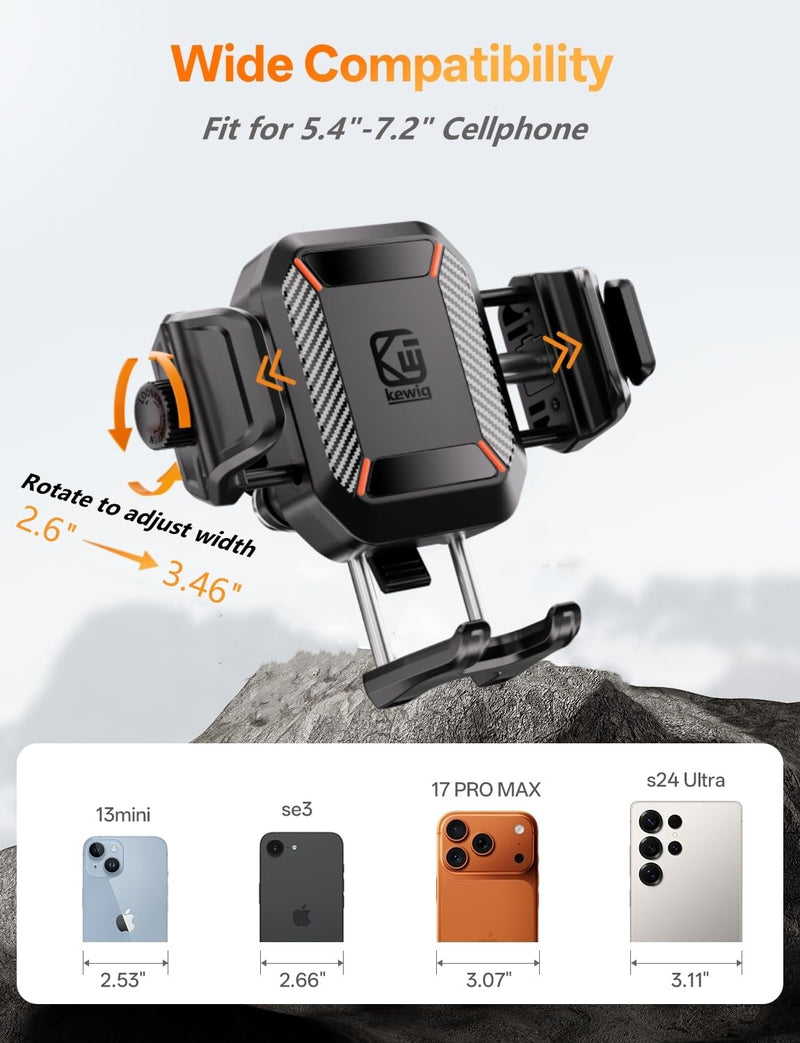 Kewig Anti-Theft Motorcycle Phone Mount with Vibration Dampener | Camera Friendly Bike Handlebar Phone Holder for Bicycle Scooter ATV, Adjustable Size Fit for 5.4-7.2" Cellphone M33-C1