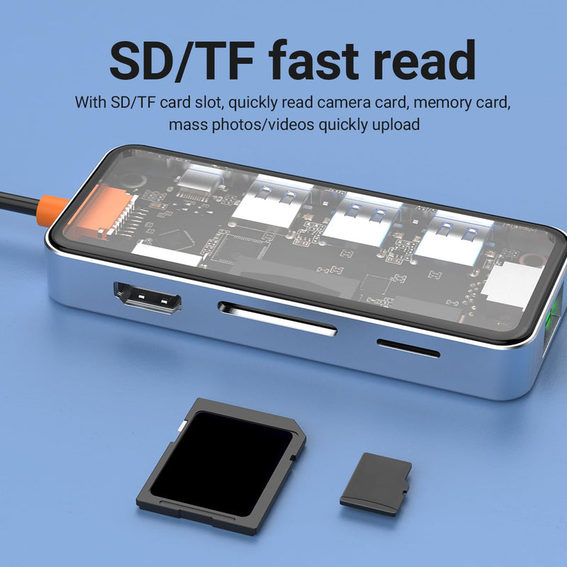 DroiX NT8 Clear USB Hub with Ultra-Fast RJ45 Gigabit Ethernet, 4K HDMI 2.0 Output, Rapid 100W PD Charging, Versatile 3X USB Type-A 3.0 Ports, Dual Micro/SD Card Readers, Sleek Design.