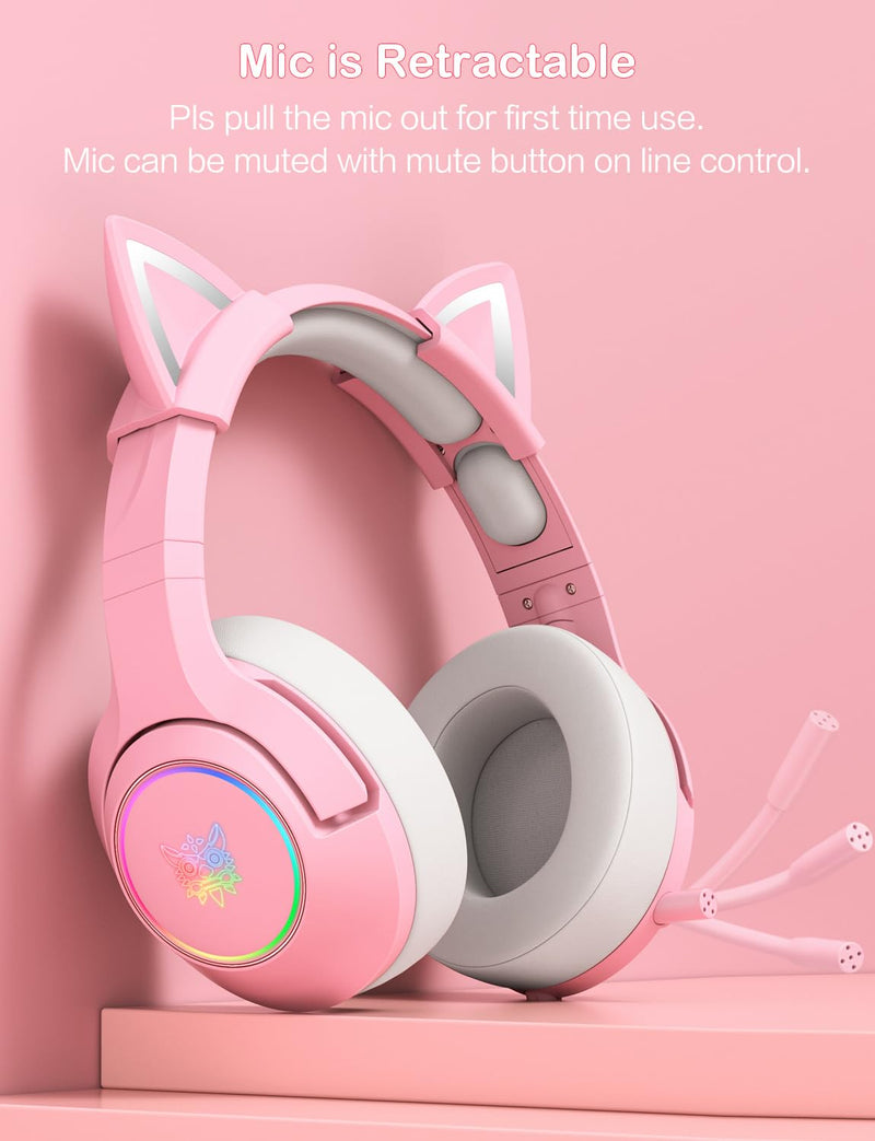[AUSTRALIA] - PHNIXGAM Cat Ear Gaming Cute Headset, Wired Over-Ear Headphones with Retractable Microphone, Surround Sound, LED Backlight for PS4, PS5, PC, Mobile Phone (Light Pink) A Pink 3.5mm 