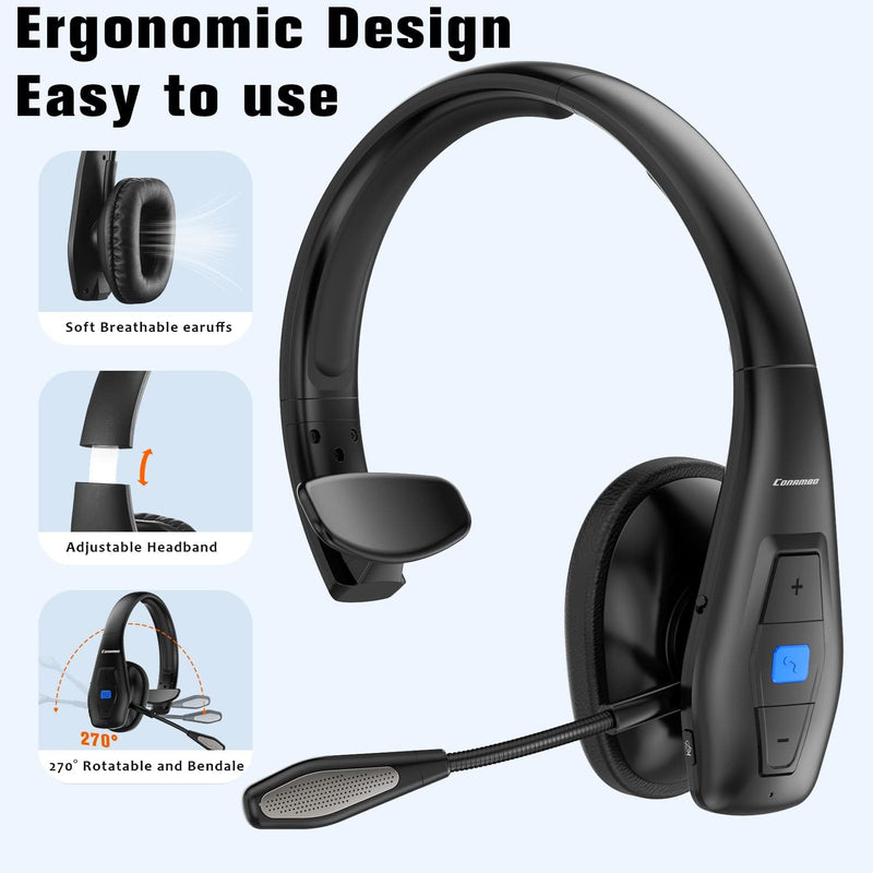 [AUSTRALIA] - Trucker Bluetooth Headset, Wireless Headset with Mic, Bluetooth Headset with Dual Noise Cancelling Microphone & Mute Button, 55Hrs Working Time PC Headset for Cell Phones, Computer, Truck Driver Black 