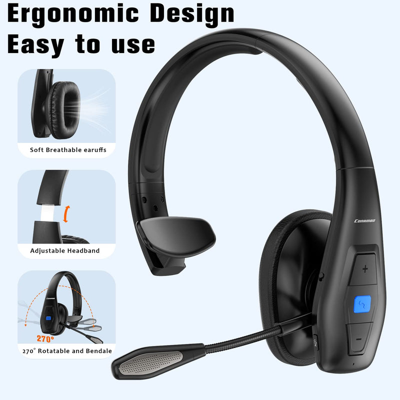 [AUSTRALIA] - Conambo Bluetooth Headset V5.1, Trucker Bluetooth Headset with CVC8.0 Dual Mic Noise Canceling & Mute Button & 60 Hrs Workingtime Wireless On-Ear Headphones for Trucker Home Office Work Cell Phones 