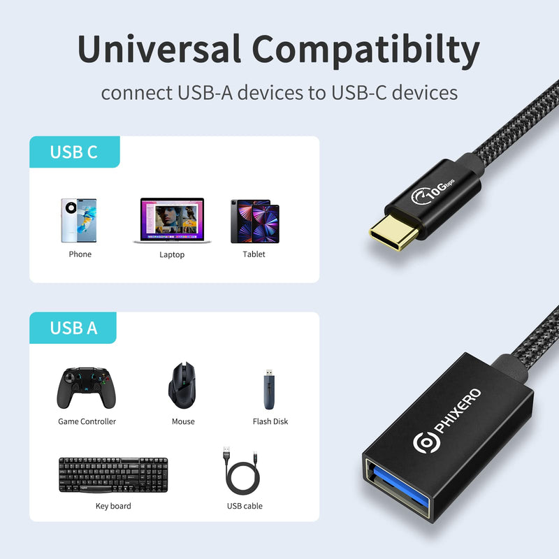 [10Gbps] USB C to USB 3.1 Gen 2 Adapter 1 FT, PHIXERO USB-C Male to USB-A Female, USB Type C to USB OTG Cable, Thunderbolt3 to USB Adapter Compatible with MacBook Pro/Air, iPad Pro, Samsung Galaxy 1FT