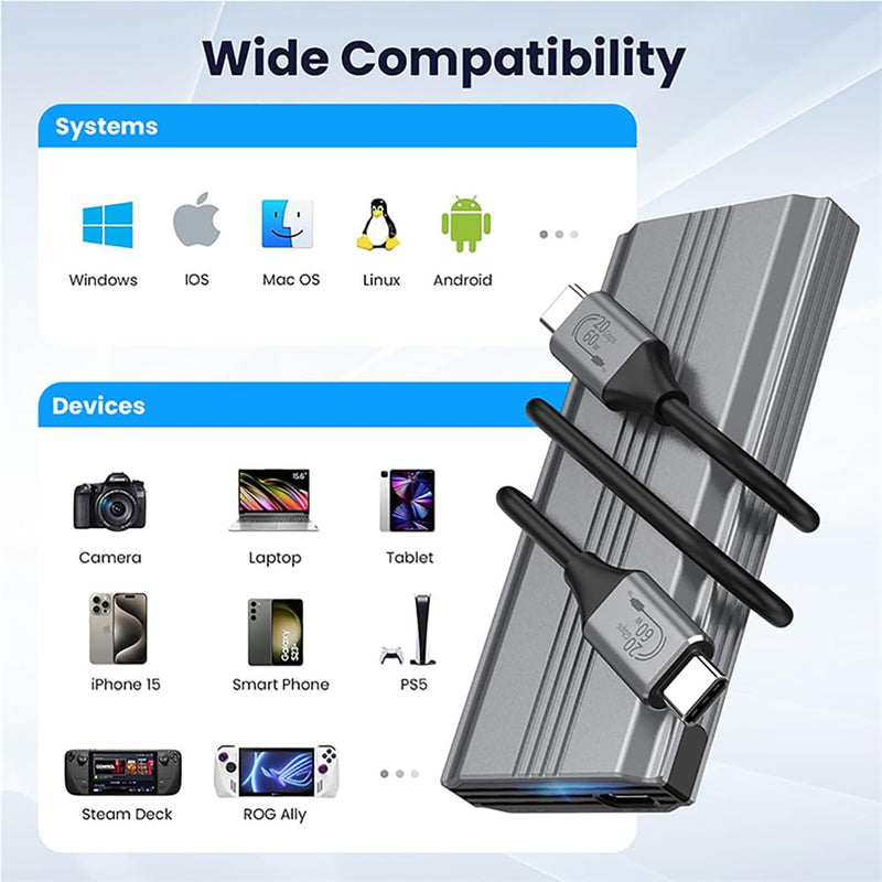 Xiwai 20Gbps USB Adapter Reader Case Type-C USB3.2 USB4 to M-Key M.2 NGFF NVME SATA SSD PCBA Enclosure 2280/2242/2260mm RTL9220 20Gbps NVME