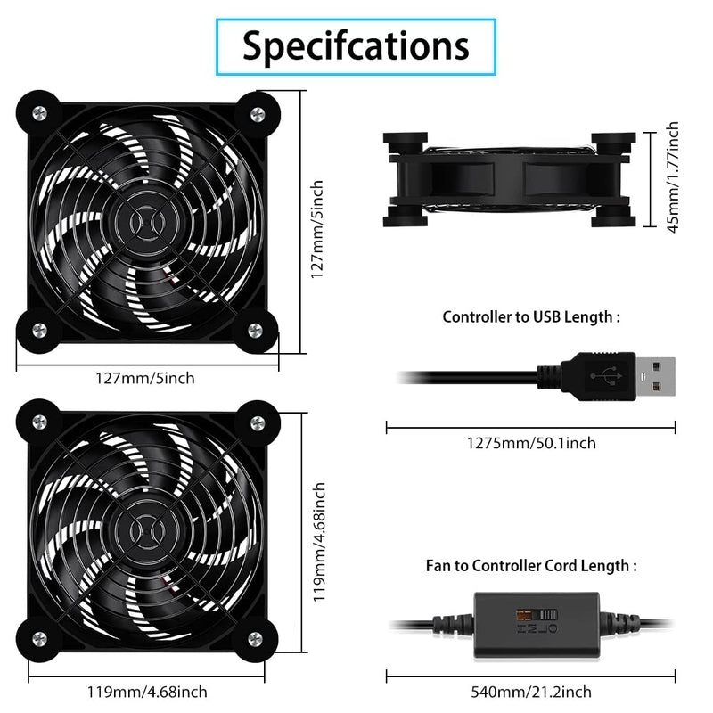 2Pack Quiet 120mm USB Fan Dual-Ball Bearings, USB Fan 5V, with L/M/H 3-Degree Speed Controller High Airflow Cooling Fan for Router Modem Receiver DVR Playstation Xbox TV Box 2Pack