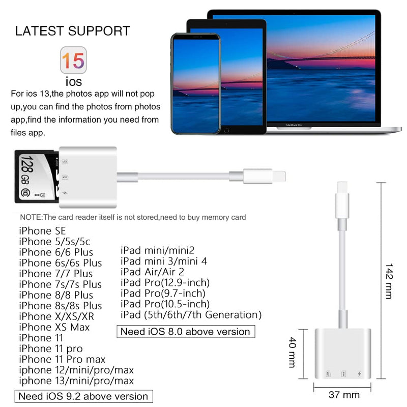 SD Card Reader for iPhone iPad,Micro SD Card Reader Memory Card Reader Plug and Play Trail Camera Viewer SD Card Adapter,Simultaneous Charging and Card Reading Micro SD Card Adapter white