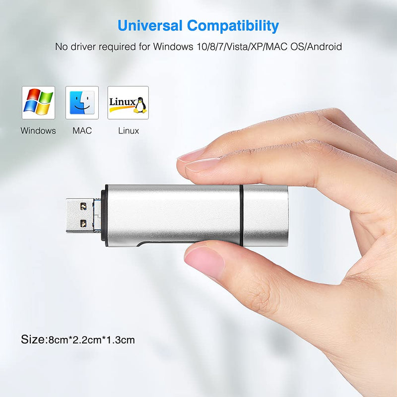 SD/Micro SD Memory Card Reader, BorlterClamp 3 in 1 Memory Card Reader with USB C Micro-USB OTG Adapter Compatible with PC, Laptop, MacBook, Tablet, Smartphone (Silver) silver