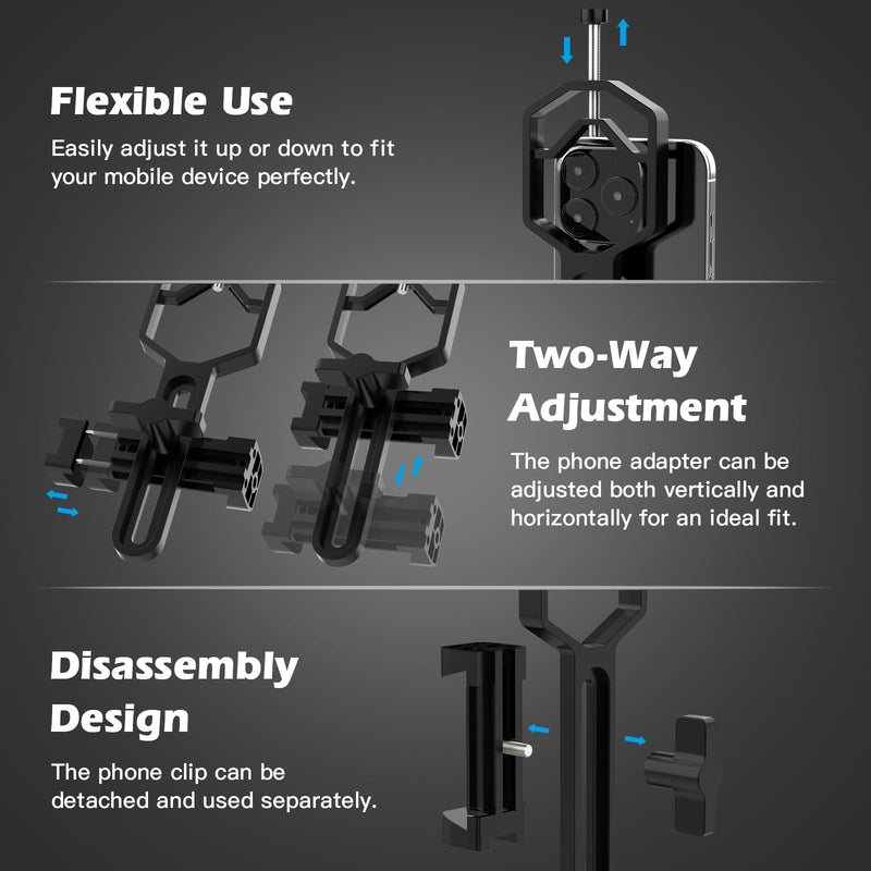 Metal Telescope Phone Adapter-Phone Scope Mount for Phone(2.09''-3.54'' Wide) Phone Holder Mount for Telescope, Binocular, Microscope, Spotting Scope Fits Eyepiece with Diameter 0.95"-2.05"