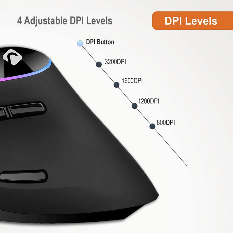 J-Tech Digital Ergonomic Mouse with Wireless Connection, Removable Palm Rest, Thumb Buttons, Rechargeable Battery, 800, 1200, 1800, 3200 Adjustable DPI; Compatible with Windows and MAC OS [V638] Right Hand Black RGB LED
