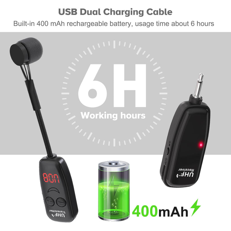 XIAOKOA Wireless Microphone,UHF Wind Instrument Clip Microphones,Rechargeable Receiver and Transmitter Mic System,130ft Range with Digital Screen,Great for Flute, Piccolo, Clarinet