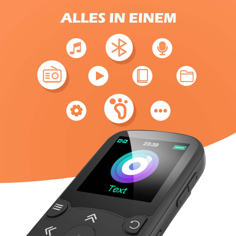 AGPTEK 32GB MP3 Player with Clip, Bluetooth 5.3 Lossless Sound with FM Radio, Voice Recorder for Sport Running, Supports up to 128GB TF Card, Black