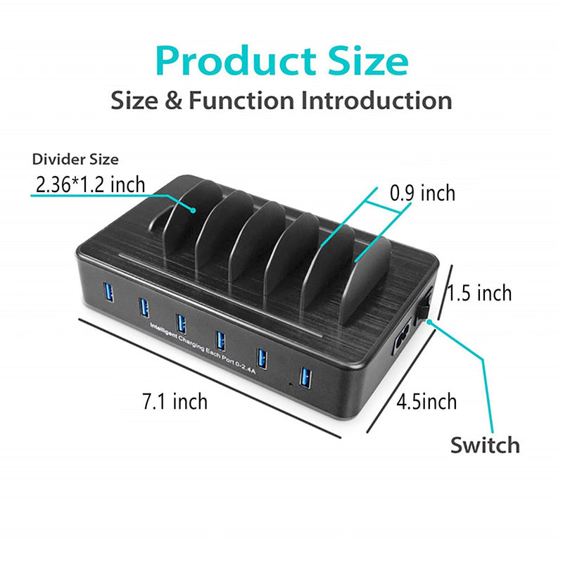 Fast Charging Station for Multiple Devices,50W 6 USB Ports Family Charger Compatible with Apple iPhone iPad and Android Phone and Tablet 6-USB-port&Black