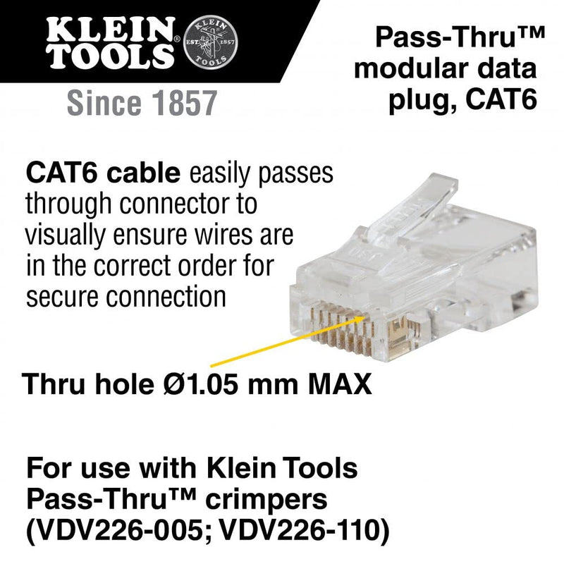 Klein Tools Pass-Thru Modular Data Plugs CAT6 and CAT5E Gold Plated 50-Pack Bundle