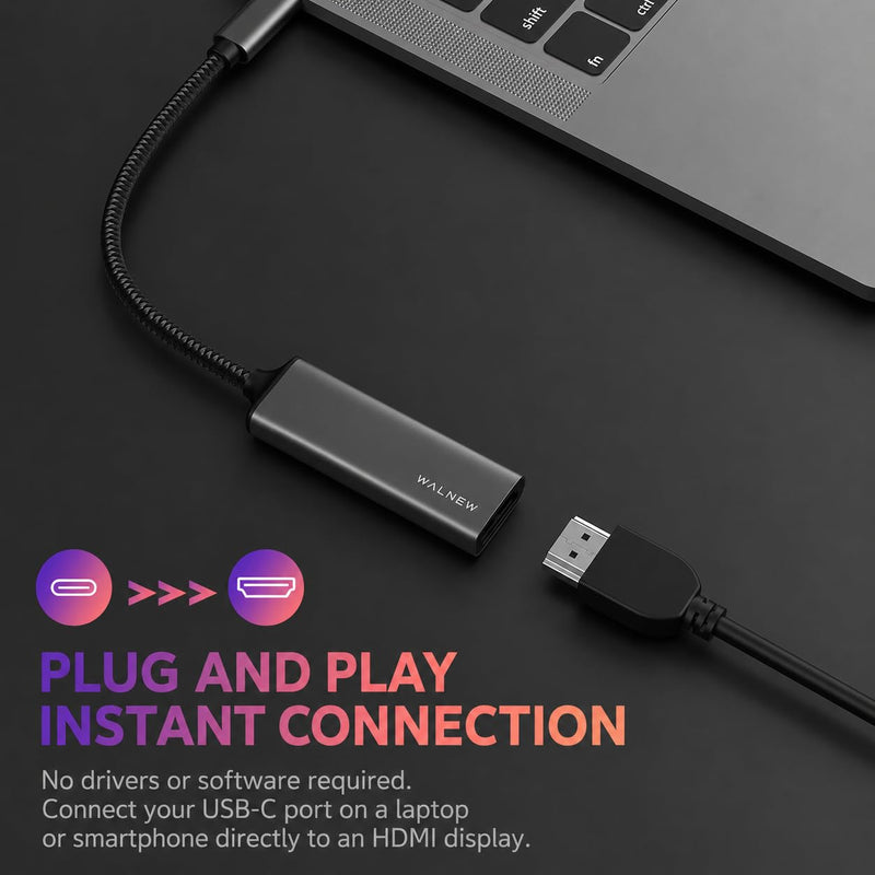 WALNEW USB-C to HDMI Adapter 4K 30Hz, Thunderbolt 3 Monitor Converter | Type-C to HDMI for Mac, MacBook, iPad Pro/Air, Samsung Galaxy, Chromebook, Surface, Dell XPS
