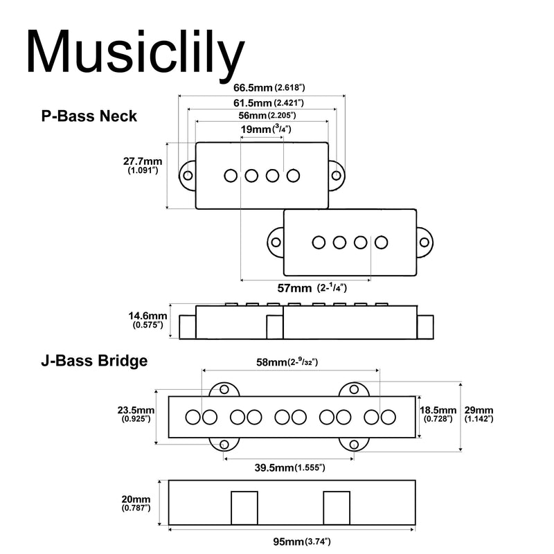 Musiclily Pro PJB-6070S Alnico 5 Single Coil Neck Bridge Pickups Set 10.5K/7.9K for PJ Bass, Black