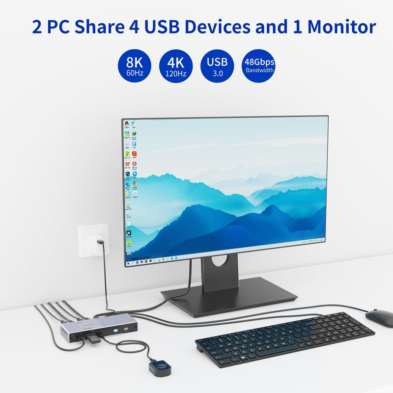 8K HDMI KVM Switch 2 Port, 8K@60Hz HDMI 2.1 KVM Switch for 2 Computers 1 Monitor 4 USB3.0 Hubs, Supports 4K@120Hz, 2K@144Hz, 1080P@240Hz (2 USB 3.0 Cable Included)