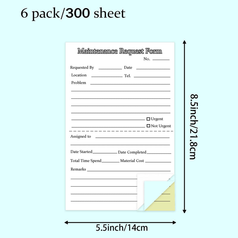 300 Sets Maintenance Request Forms, 3 Part Carbonless, 6 Pack 5.5 x 8.5 Inch Maintenance Request Slips, Repair Request Forms (50 Sets Each Pad), WHITE