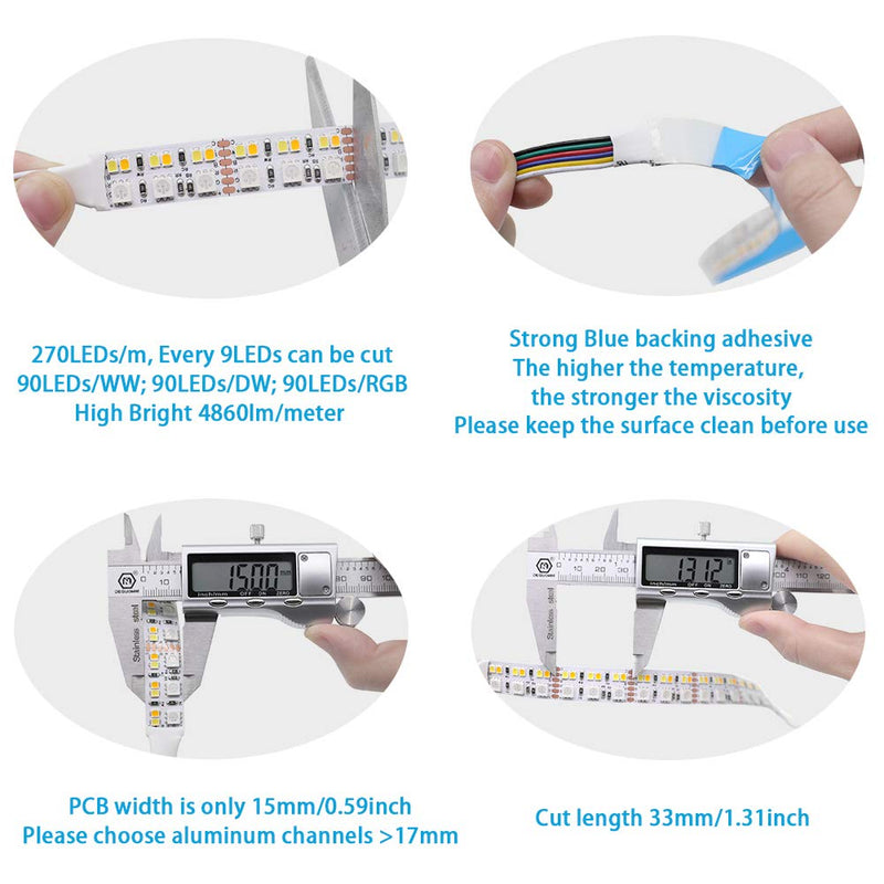 [AUSTRALIA] - DC12V RGB CCT Color Changing LED Strip Light, 5050 RGB 2835 Warm White Daylight White Double Row Super Bright RGBWW Non-Waterproof Flexible LED Tape Light(DC12V 5meter/16.4ft) DC12 V 5 m/16.4 ft 