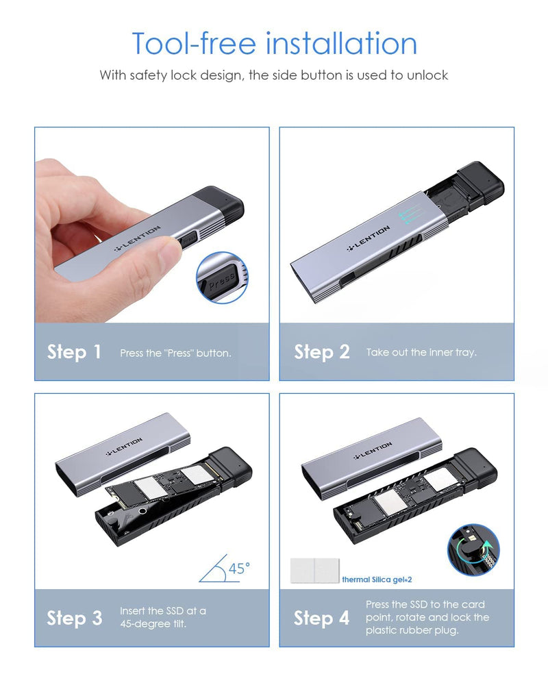 LENTION USB C to NVMe & SATA M.2 SSD Enclosure, USB 3.1 Gen 2 M Key & B&M Key Hard Drive Adapter, Supports UASP for SSD Size 2280/2260/2242/2230, Compatible Mac OS, Windows, More (CB-C9E, Space Gray)