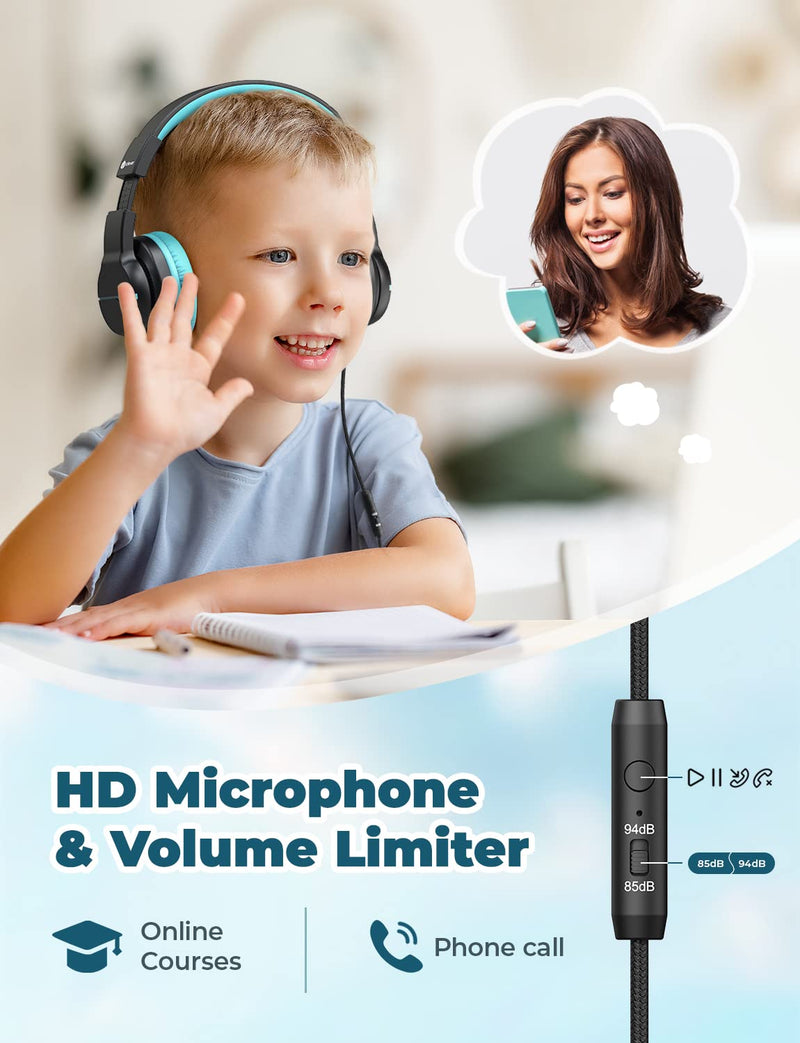 iClever HS19 Kids Headphones with Microphone for School, Volume Limiter 85/94dB, Over-Ear Girls Boys Headphones for Kids with Shareport, Foldable Wired Headphones for iPad/Travel (Black) Black