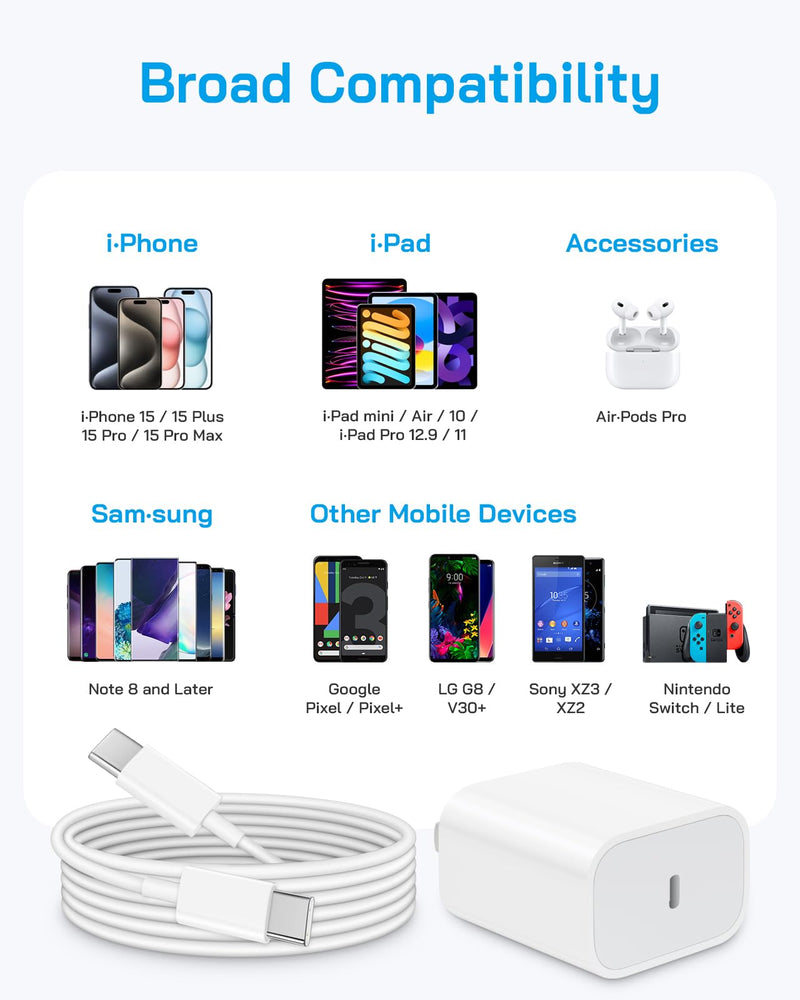 i Phone 15 Charger Fast Charging-20W USB C Wall Charger Block with 6Ft Type-C to Type-C Cable for i Phone 15/15 Pro/15 Plus/15 Pro Max, i Pad Pro/Air & More White