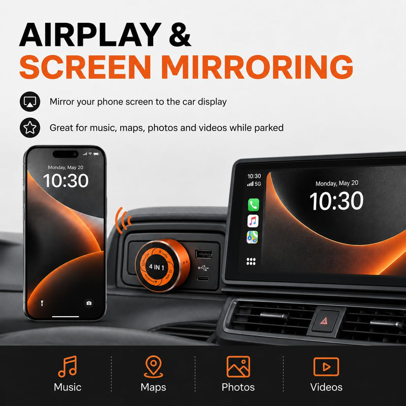 4-in-1 Wireless CarPlay Adapter, Converts Wired CarPlay & Android Auto to Wireless, Supports AirPlay & Screen Mirroring, Auto Reconnect, USB-A/C Included, Plug and Play
