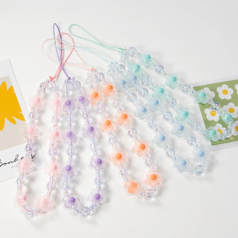 1-2 PCS Flower Beaded Mobile Phone Charms Lanyard Aesthetic Sweet Cute Phone Wrist Strap Anti-Lost Chain for Women Girls Pink C