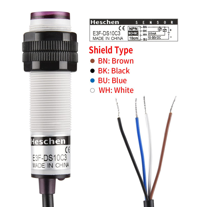 Heschen M18 Column Infrared Photoelectric Proximity Switch Diffusion Type E3F-DS10C3 Detection Distance 10cm 10-30V DC 200mA NPN NO+NC 4 Cables