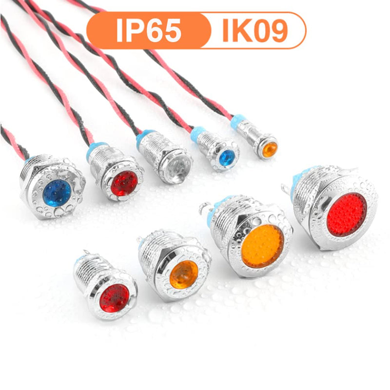[AUSTRALIA] - GUUZI 10mm LED Indicator Light 12-24V Waterproof Signal Light Metal Plate LED Indicator Signal Light Plate Mount Flat Head with Wires Silver Housing (Red, 4 Pack) Red 