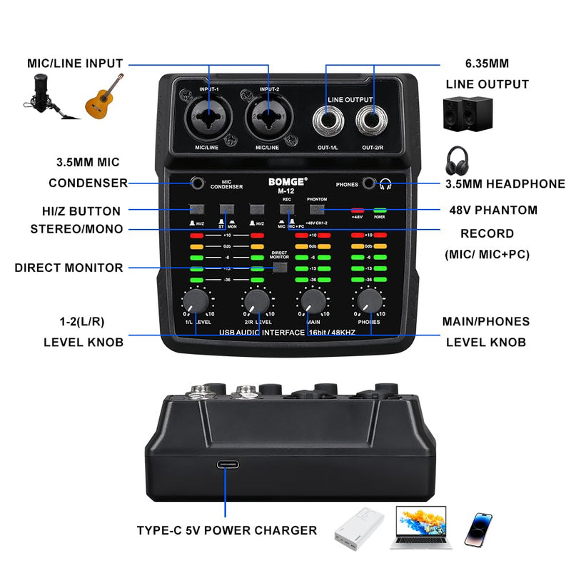 BOMGE M12 USB Audio Interface, 2-Channel Mixer, XLR/3.5mm Input, 48V Power Supply, Sound Card for PC Recording, Studio, Live Show, Karaoke, Plug&Play
