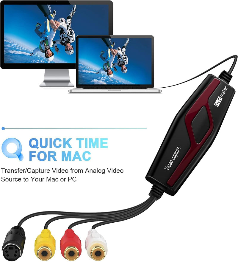 [AUSTRALIA] - Video Capture Card USB 2.0, RCA to USB Video Capture Device, Digital Video Converter to Save Digital Files for Your Mac OS X Windows 7 8 10 11 PC, One Touch VCR TV to DVD, Black DigitPro Video Capture Card USB 2.0 