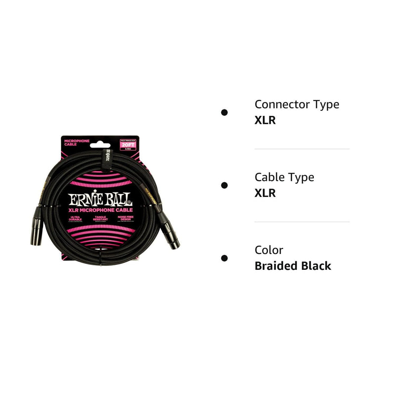 Ernie Ball Braided XLR Mircrophone Cable, 20ft, Black (P06392) Braided Black 20 feet