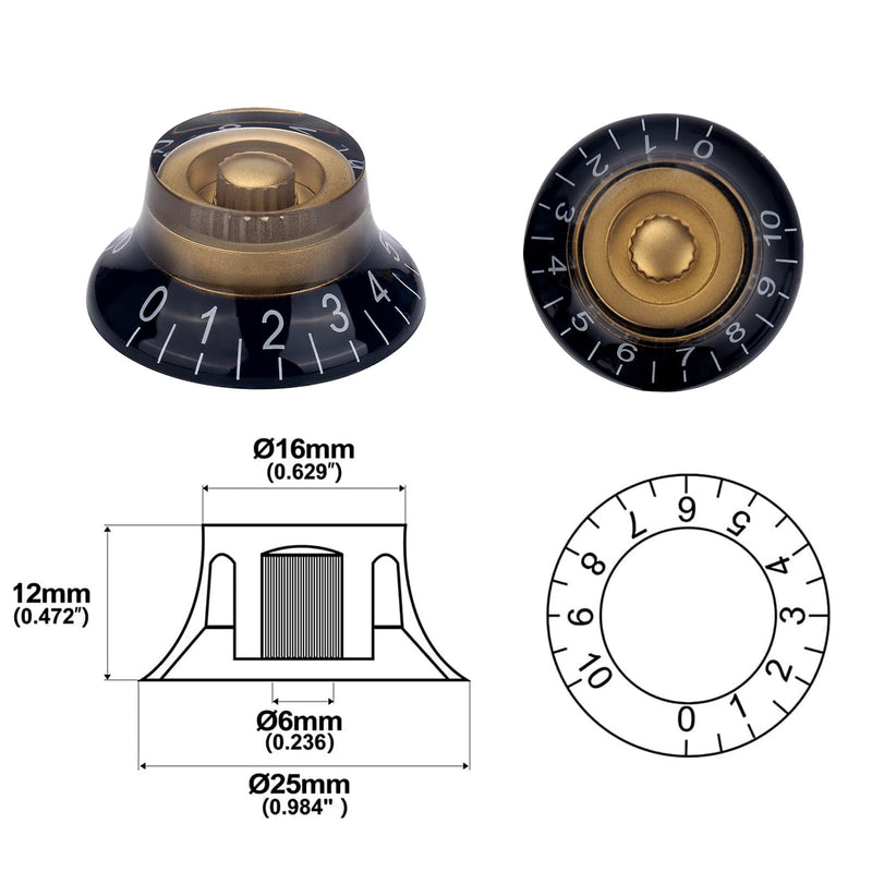 4pcs Bell Top Hat Guitar Knobs Black Gold Guitar Speed Control Volume Tone Knob for Tele Les Paul Style Guitar Bass Accessories (Hat Style)